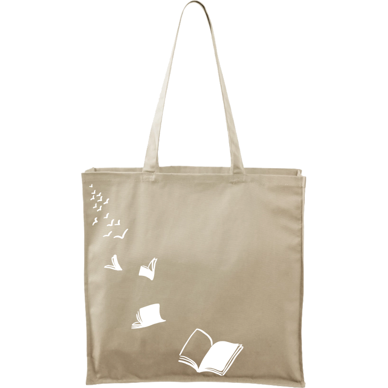 Ručně malovaná plátěná taška Carry - Knihy létající - 2 Barva tašky: PŘÍRODNÍ, Barva motivu: BÍLÁ