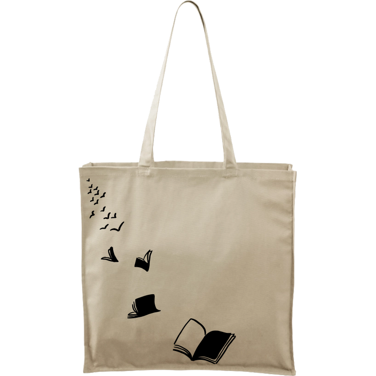 Ručně malovaná plátěná taška Carry - Knihy létající - 2 Barva tašky: PŘÍRODNÍ, Barva motivu: ČERNÁ
