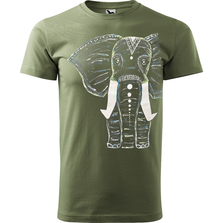 Ručně malované pánské triko Heavy New - Slon Velikost trička: XS, Barva trička: KHAKI