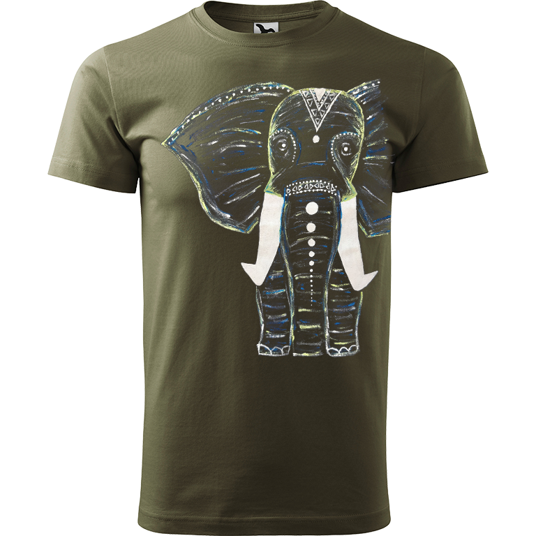 Ručně malované pánské triko Heavy New - Slon Velikost trička: XL, Barva trička: ARMY