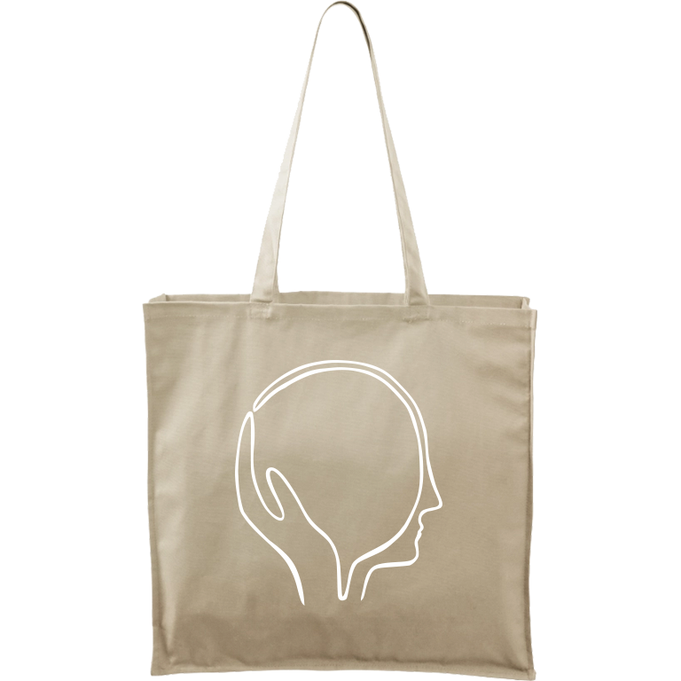 Ručně malovaná plátěná taška Carry - Dlaň s hlavou Barva tašky: PŘÍRODNÍ, Barva motivu: BÍLÁ