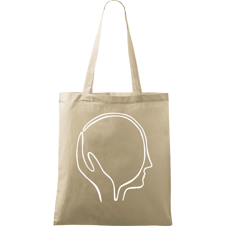 Ručně malovaná plátěná taška Handy - Dlaň s hlavou Barva tašky: PŘÍRODNÍ, Barva motivu: BÍLÁ
