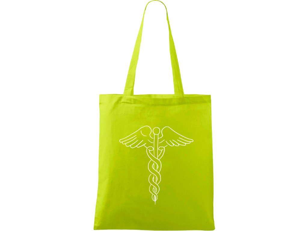 Ručně malovaná plátěná taška Handy - Caduceus Barva tašky: LIMETKOVÁ, Barva motivu: BÍLÁ