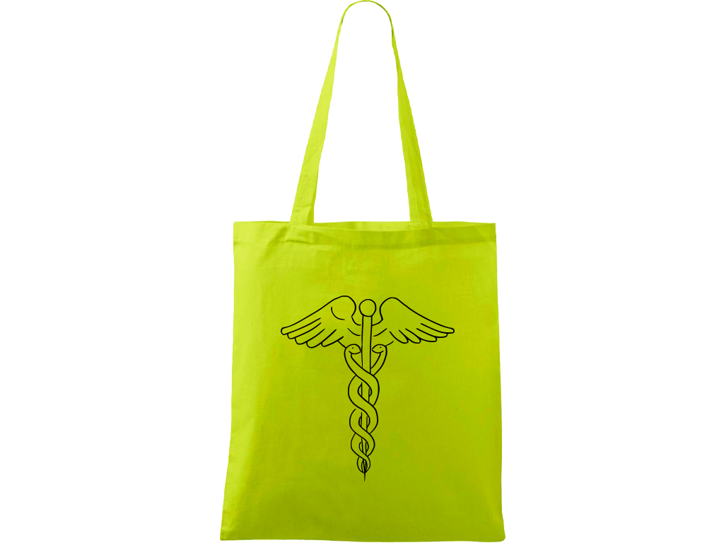 Ručně malovaná plátěná taška Handy - Caduceus Barva tašky: LIMETKOVÁ, Barva motivu: ČERNÁ