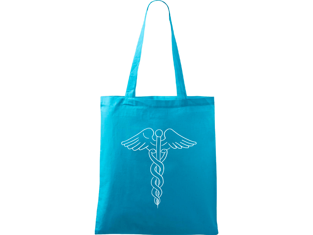 Ručně malovaná plátěná taška Handy - Caduceus Barva tašky: TYRKYSOVÁ, Barva motivu: BÍLÁ