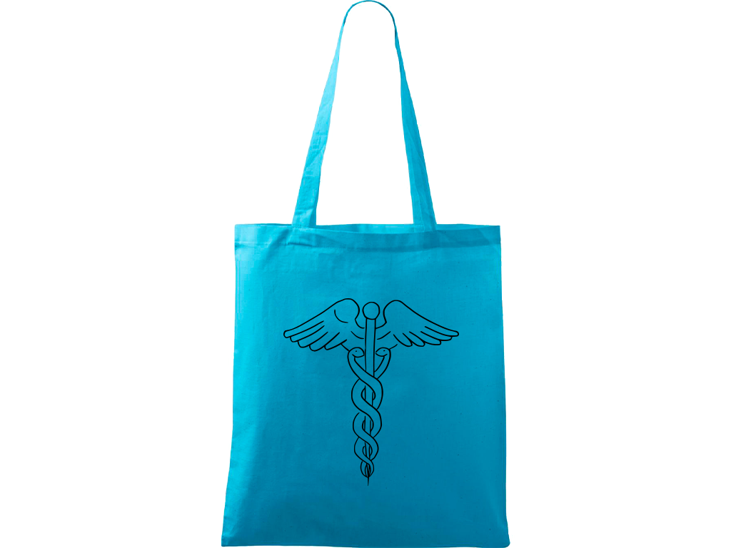 Ručně malovaná plátěná taška Handy - Caduceus Barva tašky: TYRKYSOVÁ, Barva motivu: ČERNÁ