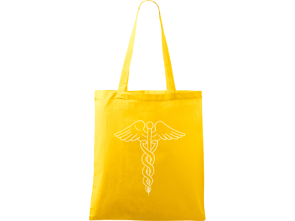 Ručně malovaná plátěná taška Handy - Caduceus Barva tašky: ŽLUTÁ, Barva motivu: BÍLÁ