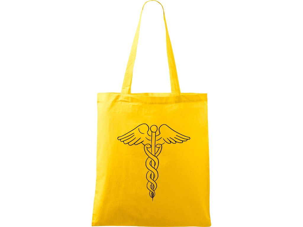 Ručně malovaná plátěná taška Handy - Caduceus Barva tašky: ŽLUTÁ, Barva motivu: ČERNÁ