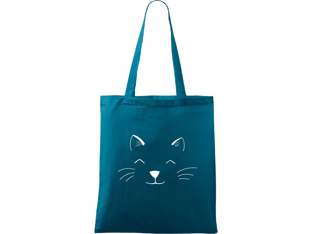 Ručně malovaná plátěná taška Handy - Cat Face Barva tašky: PETROLEJOVÁ, Barva motivu: BÍLÁ