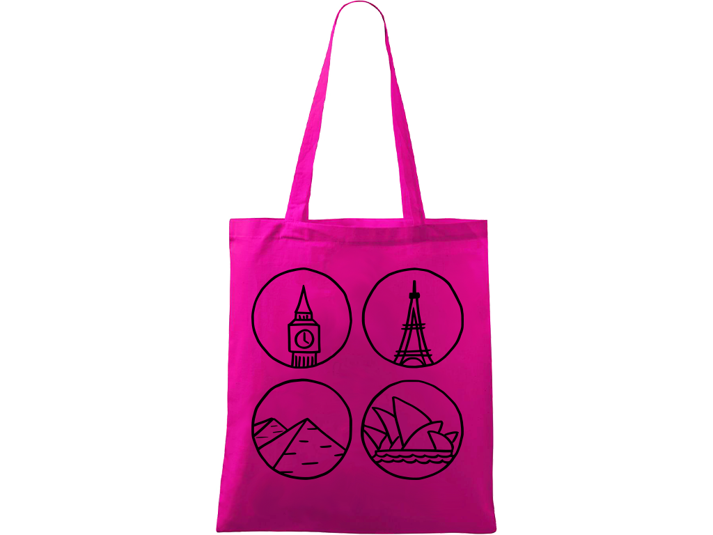 Ručně malovaná plátěná taška Handy - Big Ben, Eiffelovka, Pyramidy a opera v Sydney Barva tašky: VÍNOVÁ, Barva motivu: ČERNÁ
