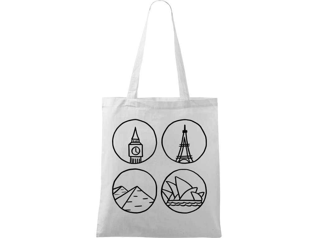 Ručně malovaná plátěná taška Handy - Big Ben, Eiffelovka, Pyramidy a opera v Sydney Barva tašky: BÍLÁ, Barva motivu: ČERNÁ
