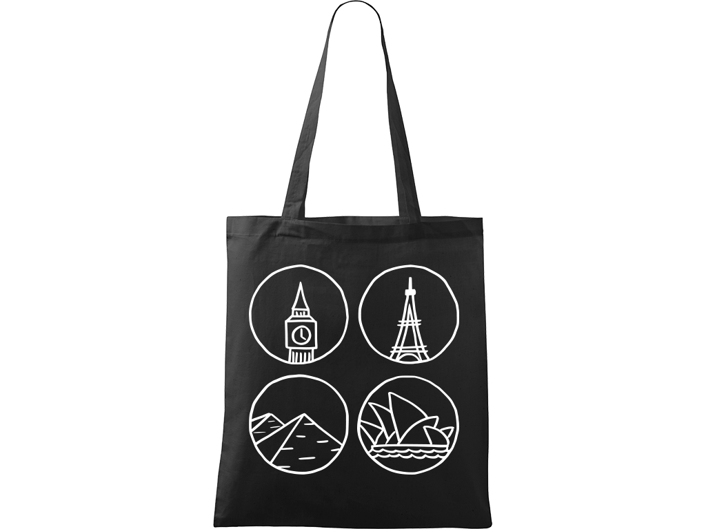Ručně malovaná plátěná taška Handy - Big Ben, Eiffelovka, Pyramidy a opera v Sydney Barva tašky: ČERNÁ, Barva motivu: BÍLÁ