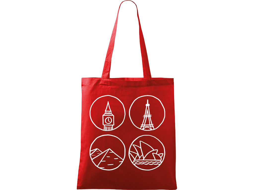 Ručně malovaná plátěná taška Handy - Big Ben, Eiffelovka, Pyramidy a opera v Sydney Barva tašky: ČERVENÁ, Barva motivu: BÍLÁ
