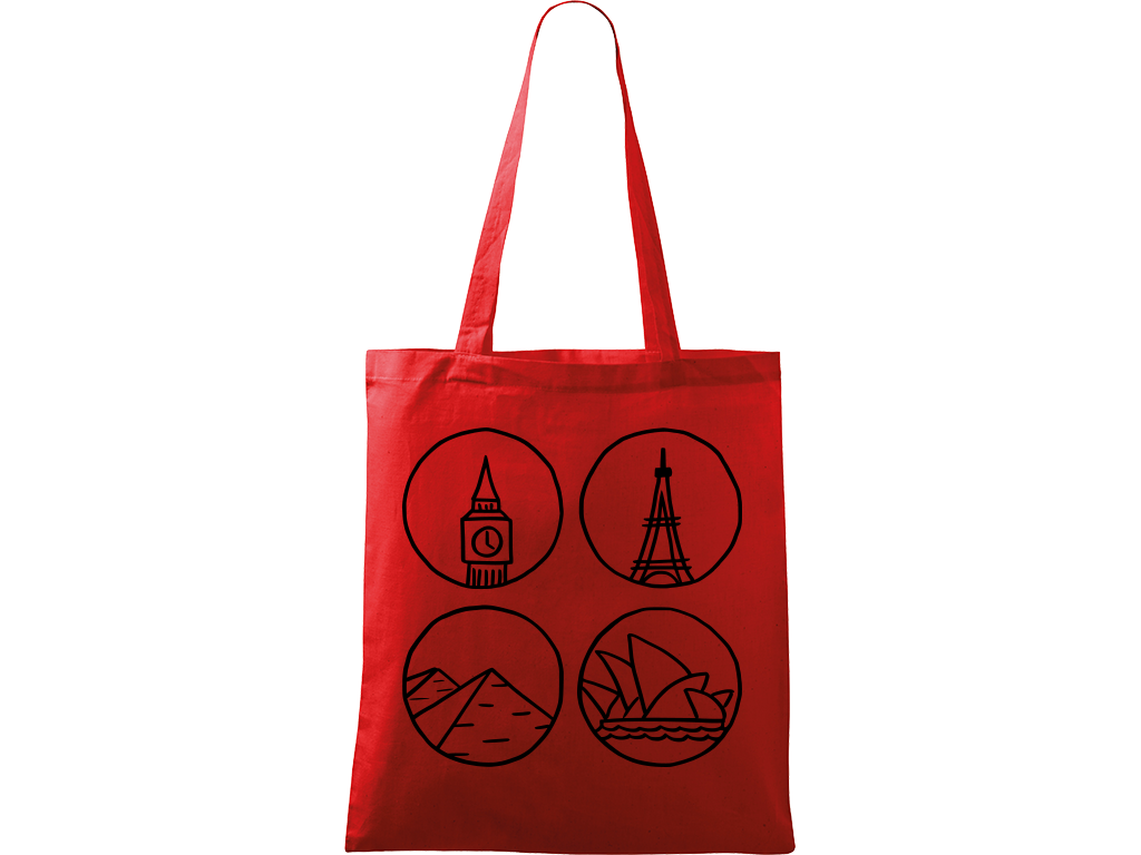 Ručně malovaná plátěná taška Handy - Big Ben, Eiffelovka, Pyramidy a opera v Sydney Barva tašky: ČERVENÁ, Barva motivu: ČERNÁ