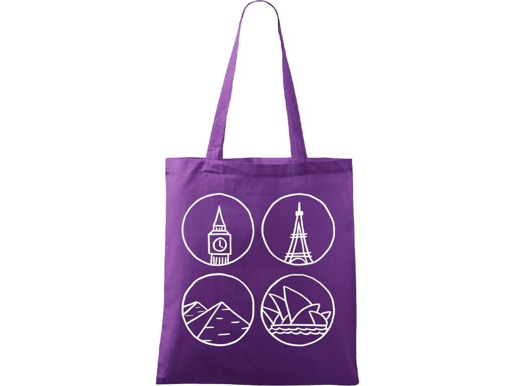 Ručně malovaná plátěná taška Handy - Big Ben, Eiffelovka, Pyramidy a opera v Sydney Barva tašky: FIALOVÁ, Barva motivu: BÍLÁ