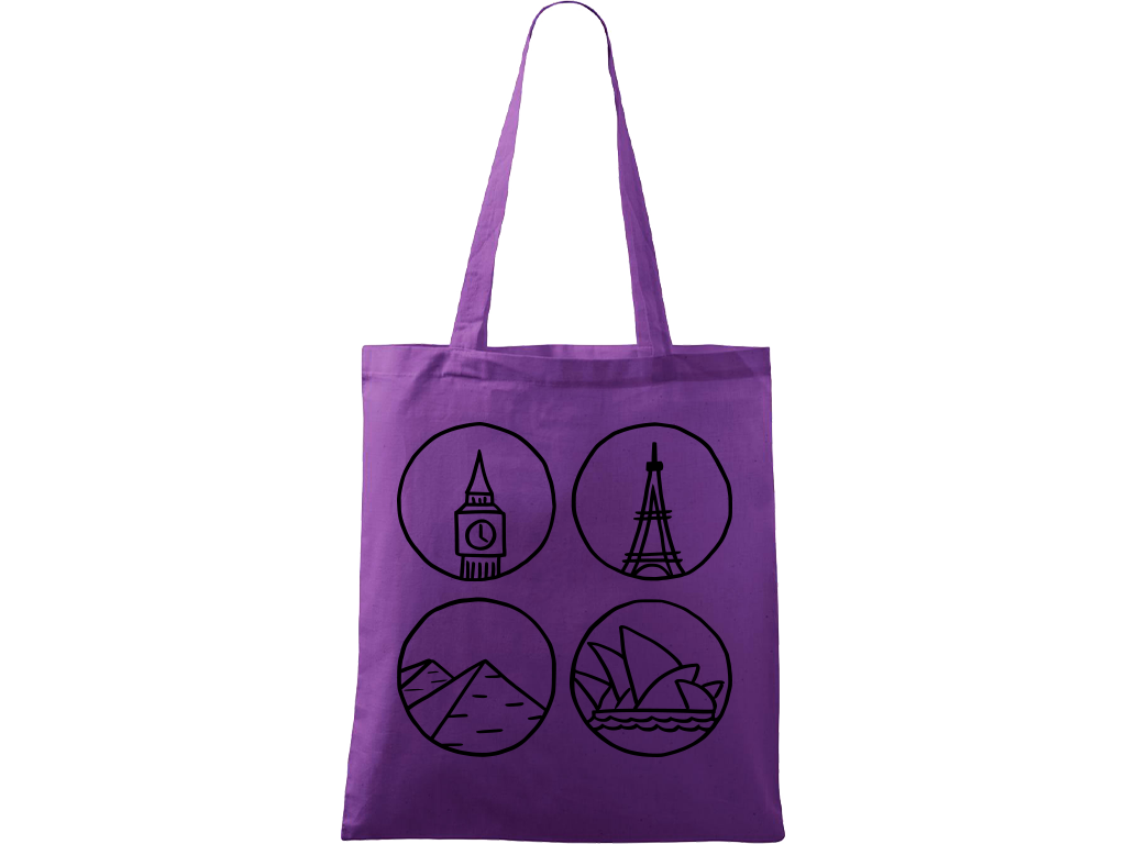 Ručně malovaná plátěná taška Handy - Big Ben, Eiffelovka, Pyramidy a opera v Sydney Barva tašky: FIALOVÁ, Barva motivu: ČERNÁ