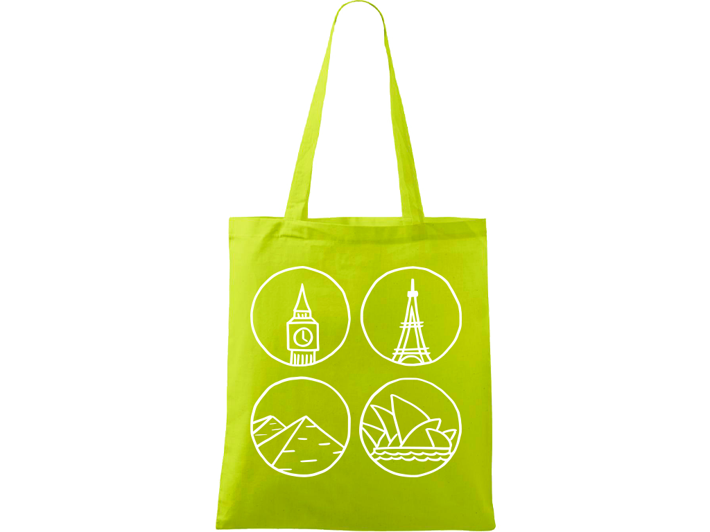 Ručně malovaná plátěná taška Handy - Big Ben, Eiffelovka, Pyramidy a opera v Sydney Barva tašky: LIMETKOVÁ, Barva motivu: BÍLÁ