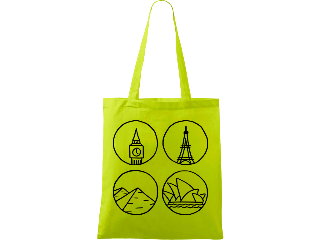 Ručně malovaná plátěná taška Handy - Big Ben, Eiffelovka, Pyramidy a opera v Sydney Barva tašky: LIMETKOVÁ, Barva motivu: ČERNÁ