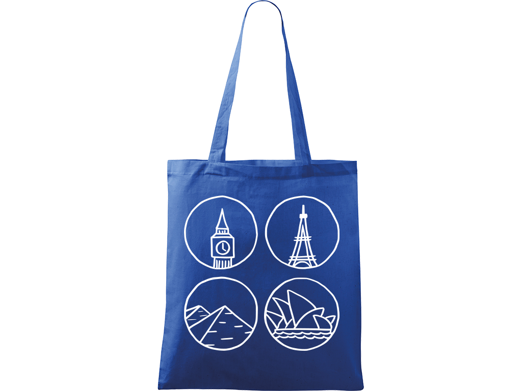 Ručně malovaná plátěná taška Handy - Big Ben, Eiffelovka, Pyramidy a opera v Sydney Barva tašky: MODRÁ, Barva motivu: BÍLÁ