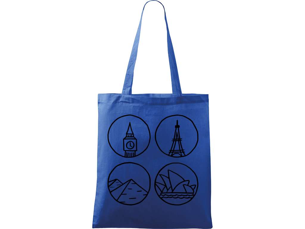 Ručně malovaná plátěná taška Handy - Big Ben, Eiffelovka, Pyramidy a opera v Sydney Barva tašky: MODRÁ, Barva motivu: ČERNÁ