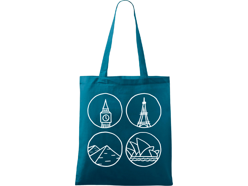 Ručně malovaná plátěná taška Handy - Big Ben, Eiffelovka, Pyramidy a opera v Sydney Barva tašky: PETROLEJOVÁ, Barva motivu: BÍLÁ