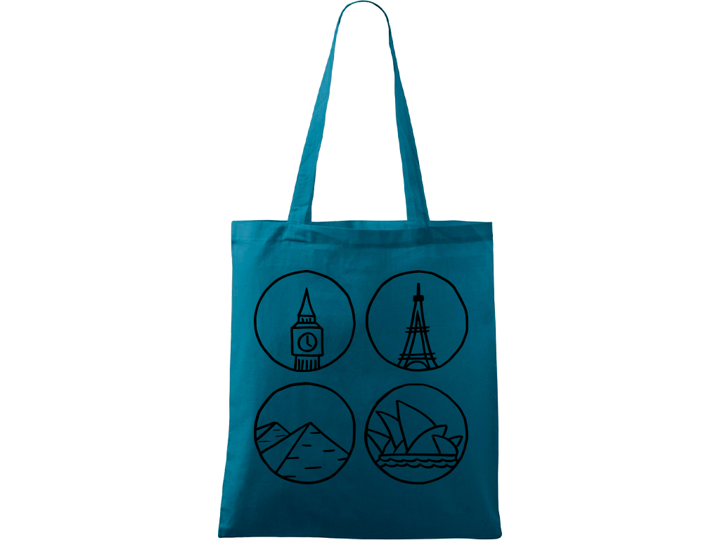 Ručně malovaná plátěná taška Handy - Big Ben, Eiffelovka, Pyramidy a opera v Sydney Barva tašky: PETROLEJOVÁ, Barva motivu: ČERNÁ