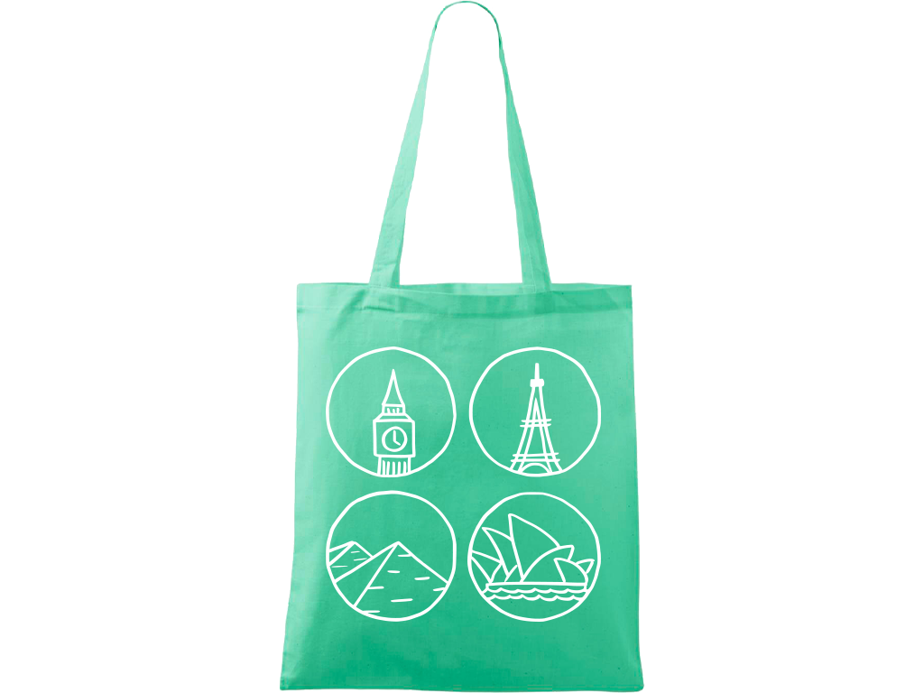 Ručně malovaná plátěná taška Handy - Big Ben, Eiffelovka, Pyramidy a opera v Sydney Barva tašky: MÁTOVÁ, Barva motivu: BÍLÁ