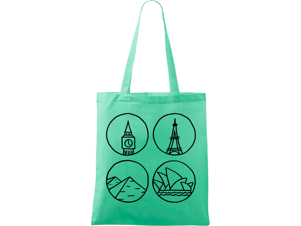 Ručně malovaná plátěná taška Handy - Big Ben, Eiffelovka, Pyramidy a opera v Sydney Barva tašky: MÁTOVÁ, Barva motivu: ČERNÁ