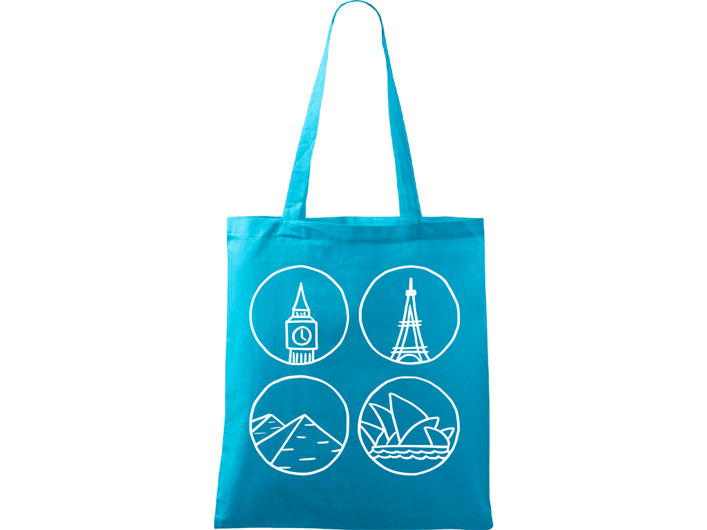 Ručně malovaná plátěná taška Handy - Big Ben, Eiffelovka, Pyramidy a opera v Sydney Barva tašky: TYRKYSOVÁ, Barva motivu: BÍLÁ