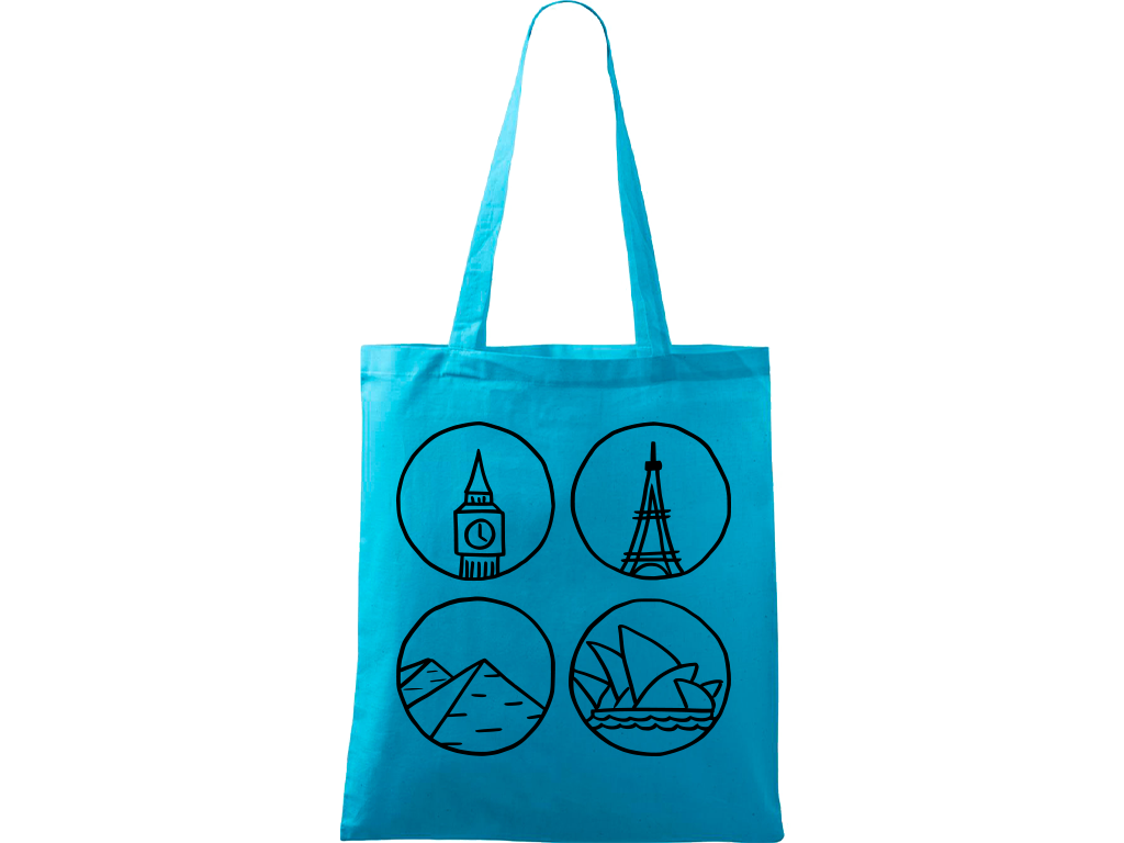 Ručně malovaná plátěná taška Handy - Big Ben, Eiffelovka, Pyramidy a opera v Sydney Barva tašky: TYRKYSOVÁ, Barva motivu: ČERNÁ