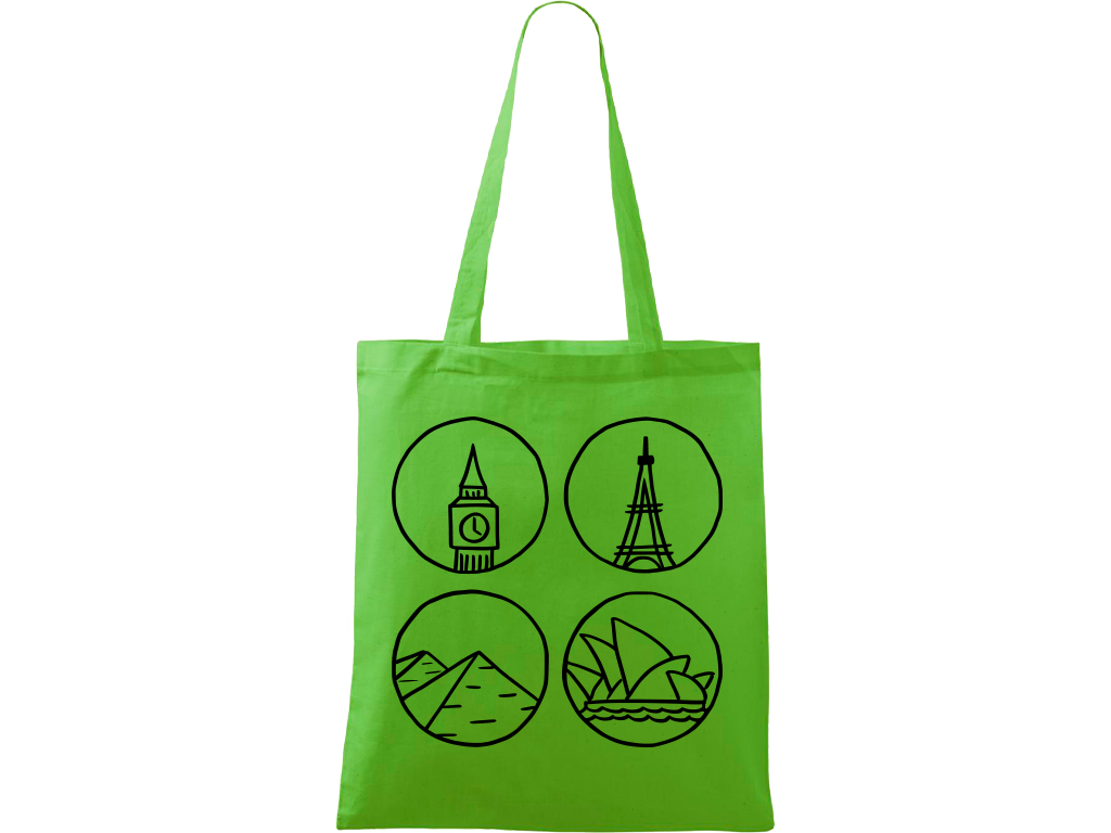 Ručně malovaná plátěná taška Handy - Big Ben, Eiffelovka, Pyramidy a opera v Sydney Barva tašky: ZELENÁ, Barva motivu: ČERNÁ