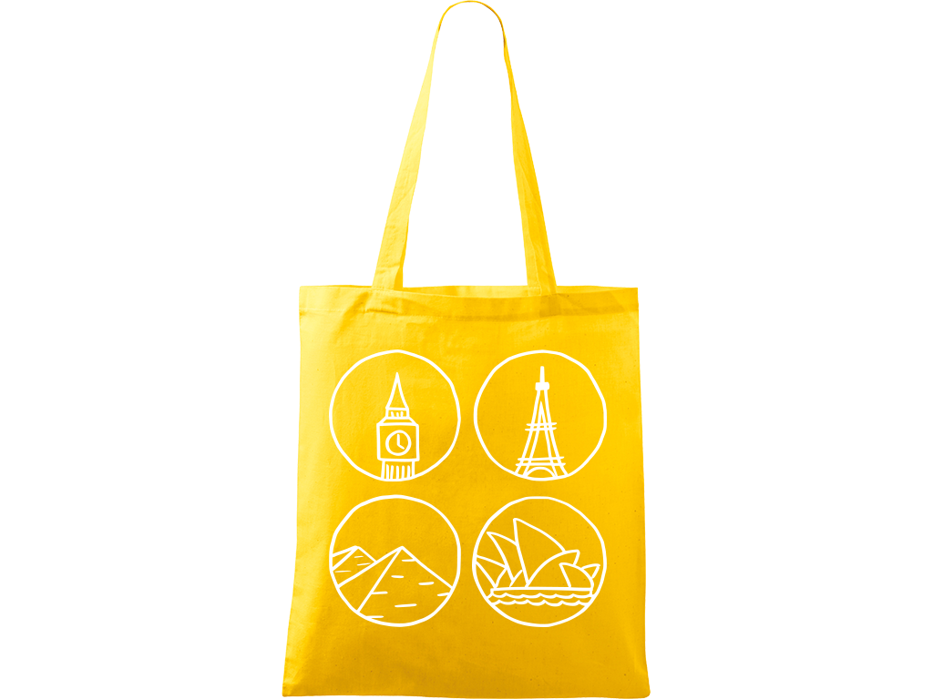 Ručně malovaná plátěná taška Handy - Big Ben, Eiffelovka, Pyramidy a opera v Sydney Barva tašky: ŽLUTÁ, Barva motivu: BÍLÁ