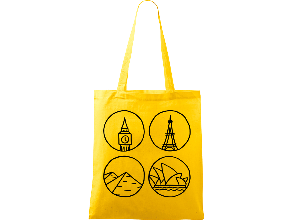 Ručně malovaná plátěná taška Handy - Big Ben, Eiffelovka, Pyramidy a opera v Sydney Barva tašky: ŽLUTÁ, Barva motivu: ČERNÁ