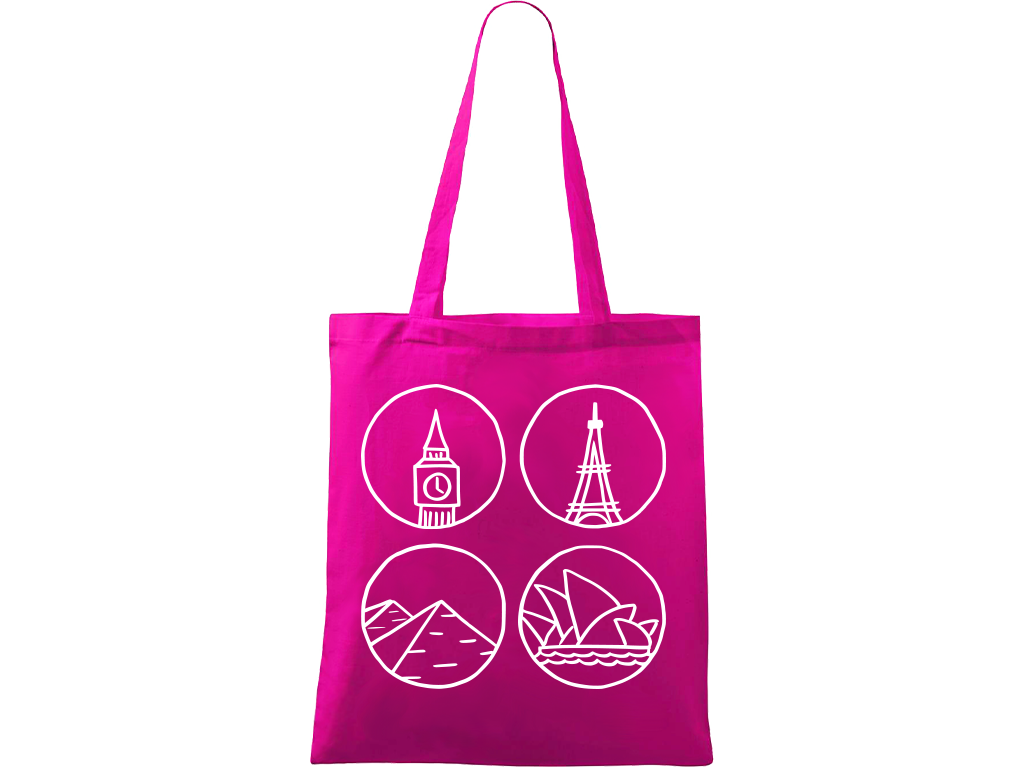 Ručně malovaná plátěná taška Handy - Big Ben, Eiffelovka, Pyramidy a opera v Sydney Barva tašky: VÍNOVÁ, Barva motivu: BÍLÁ