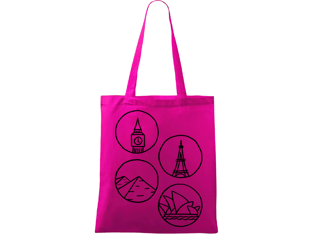 Ručně malovaná plátěná taška Handy - Big Ben, Eiffelovka, Pyramidy a opera v Sydney - 2 Barva tašky: VÍNOVÁ, Barva motivu: ČERNÁ