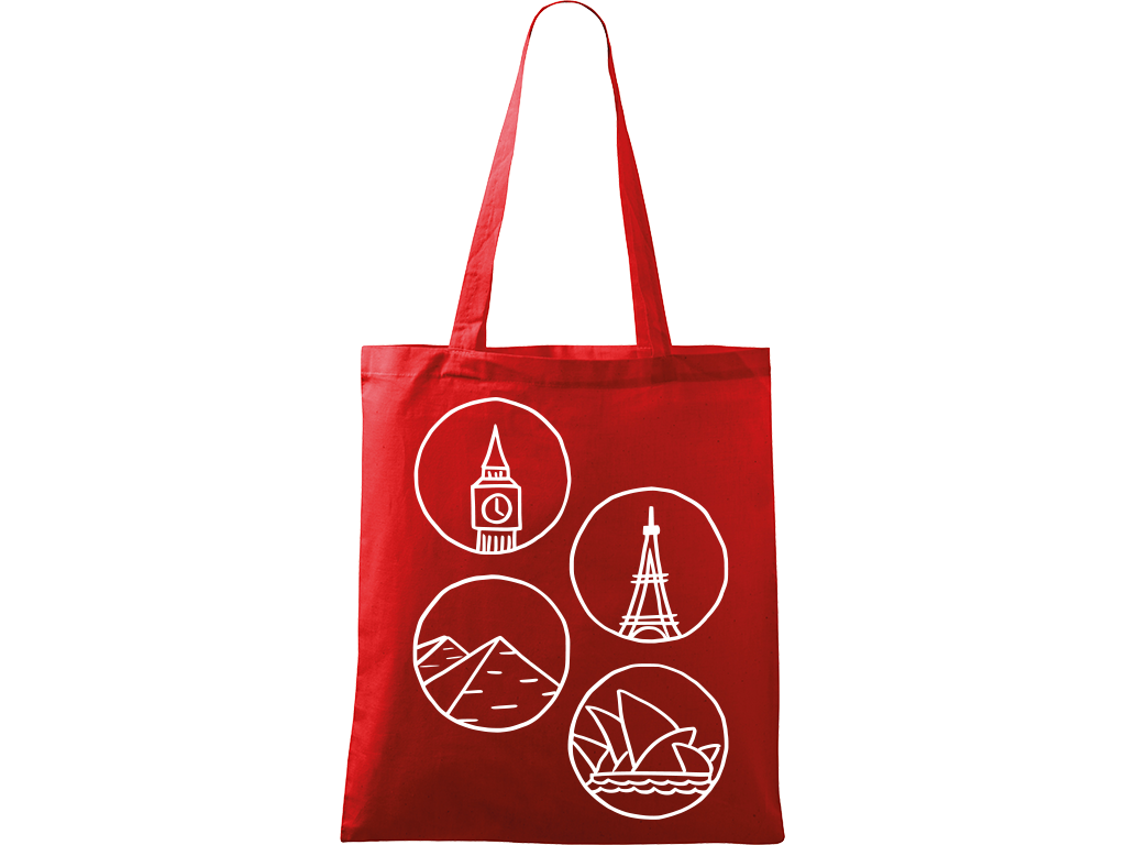 Ručně malovaná plátěná taška Handy - Big Ben, Eiffelovka, Pyramidy a opera v Sydney - 2 Barva tašky: ČERVENÁ, Barva motivu: BÍLÁ