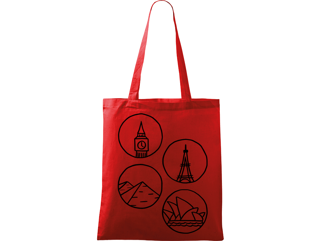 Ručně malovaná plátěná taška Handy - Big Ben, Eiffelovka, Pyramidy a opera v Sydney - 2 Barva tašky: ČERVENÁ, Barva motivu: ČERNÁ