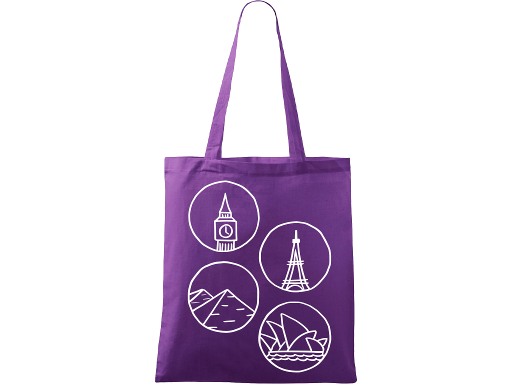 Ručně malovaná plátěná taška Handy - Big Ben, Eiffelovka, Pyramidy a opera v Sydney - 2 Barva tašky: FIALOVÁ, Barva motivu: BÍLÁ