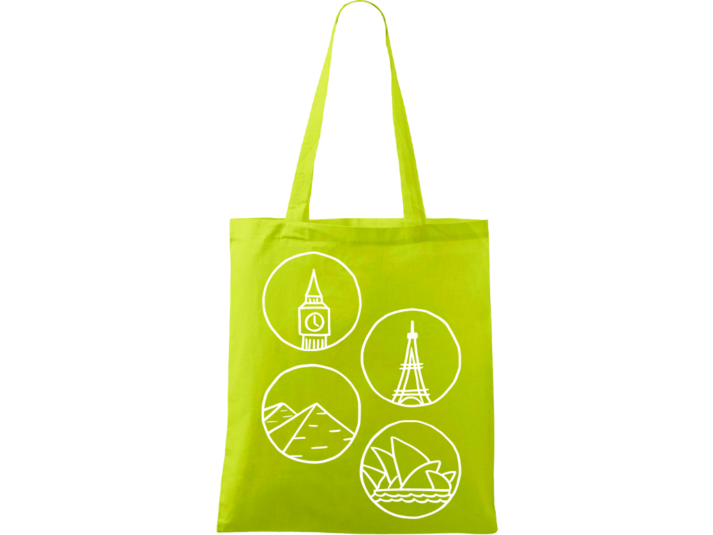 Ručně malovaná plátěná taška Handy - Big Ben, Eiffelovka, Pyramidy a opera v Sydney - 2 Barva tašky: LIMETKOVÁ, Barva motivu: BÍLÁ
