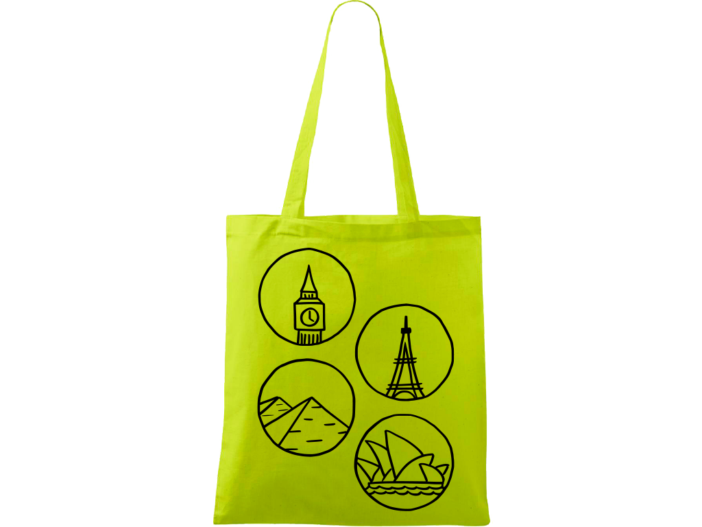 Ručně malovaná plátěná taška Handy - Big Ben, Eiffelovka, Pyramidy a opera v Sydney - 2 Barva tašky: LIMETKOVÁ, Barva motivu: ČERNÁ
