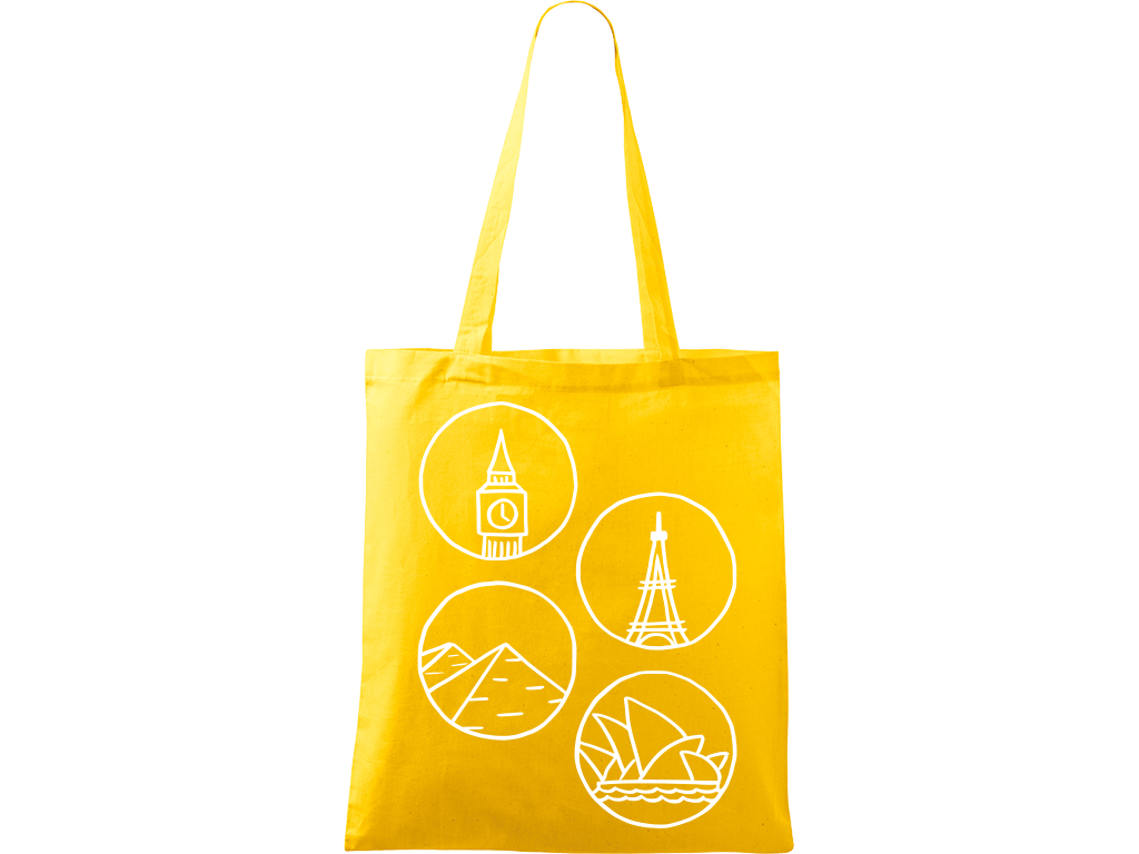 Ručně malovaná plátěná taška Handy - Big Ben, Eiffelovka, Pyramidy a opera v Sydney - 2 Barva tašky: ŽLUTÁ, Barva motivu: BÍLÁ