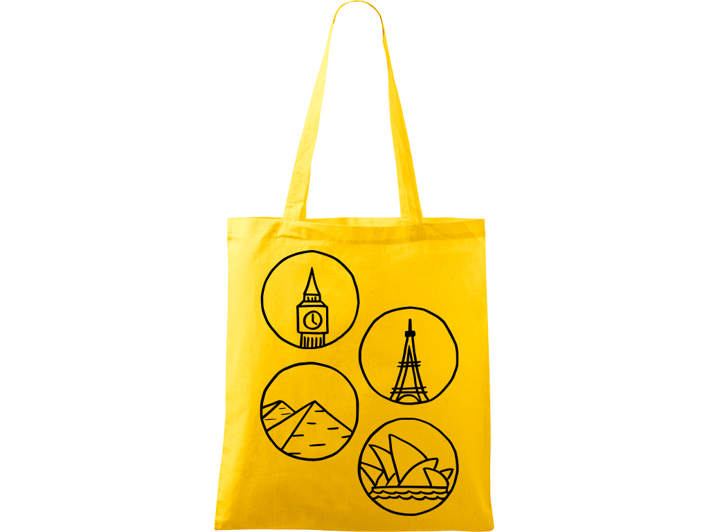 Ručně malovaná plátěná taška Handy - Big Ben, Eiffelovka, Pyramidy a opera v Sydney - 2 Barva tašky: ŽLUTÁ, Barva motivu: ČERNÁ