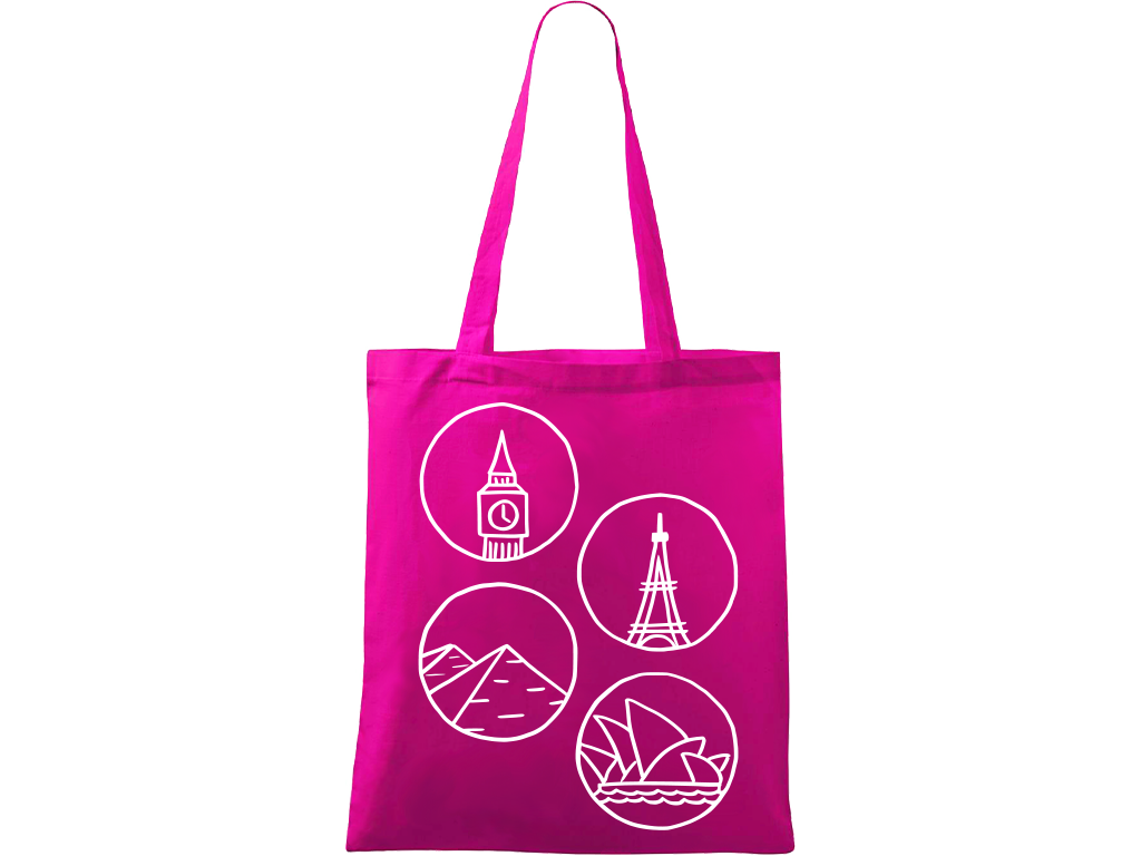Ručně malovaná plátěná taška Handy - Big Ben, Eiffelovka, Pyramidy a opera v Sydney - 2 Barva tašky: VÍNOVÁ, Barva motivu: BÍLÁ