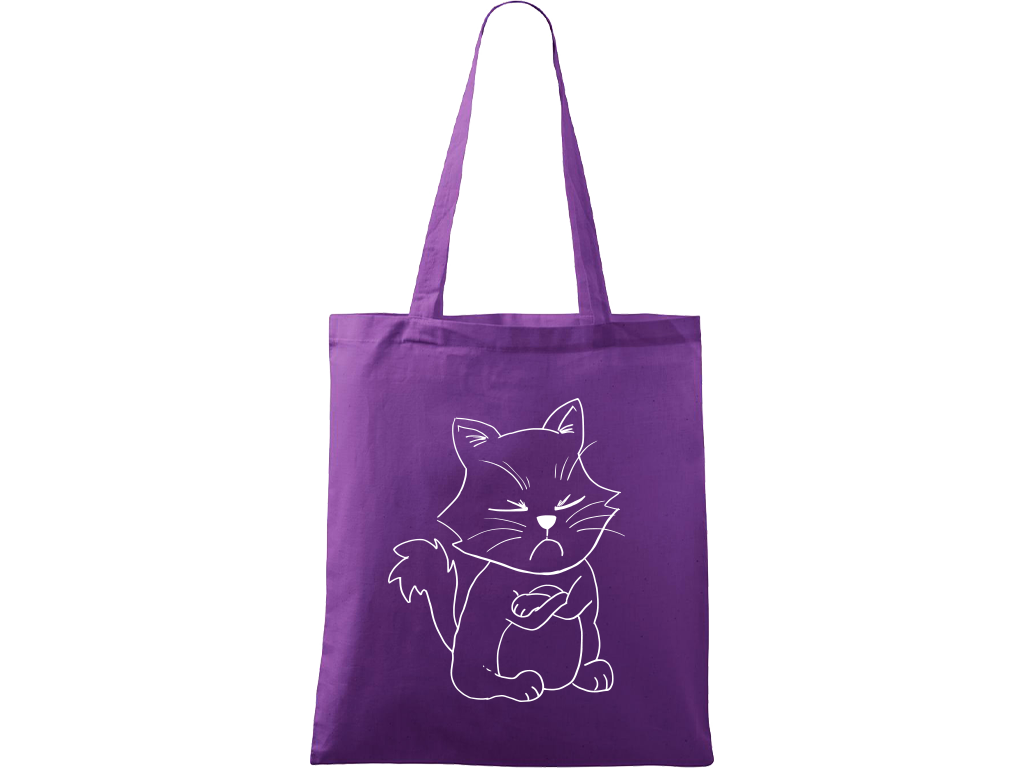 Ručně malovaná plátěná taška Handy - Grumpy Kitty Barva tašky: FIALOVÁ, Barva motivu: BÍLÁ