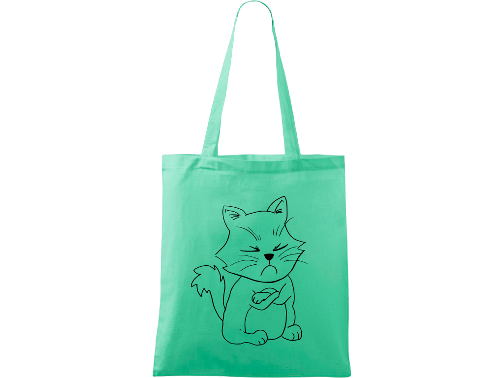 Ručně malovaná plátěná taška Handy - Grumpy Kitty Barva tašky: MÁTOVÁ, Barva motivu: ČERNÁ