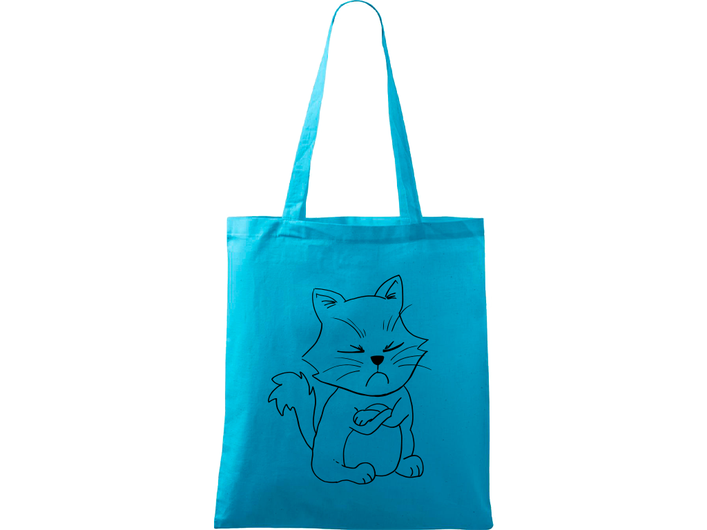 Ručně malovaná plátěná taška Handy - Grumpy Kitty Barva tašky: TYRKYSOVÁ, Barva motivu: ČERNÁ