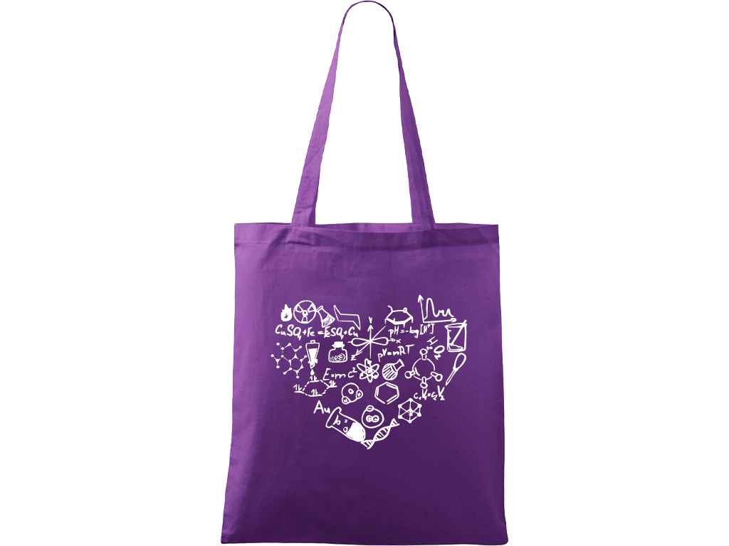 Ručně malovaná plátěná taška Handy - Chemikovo srdce Barva tašky: FIALOVÁ, Barva motivu: BÍLÁ