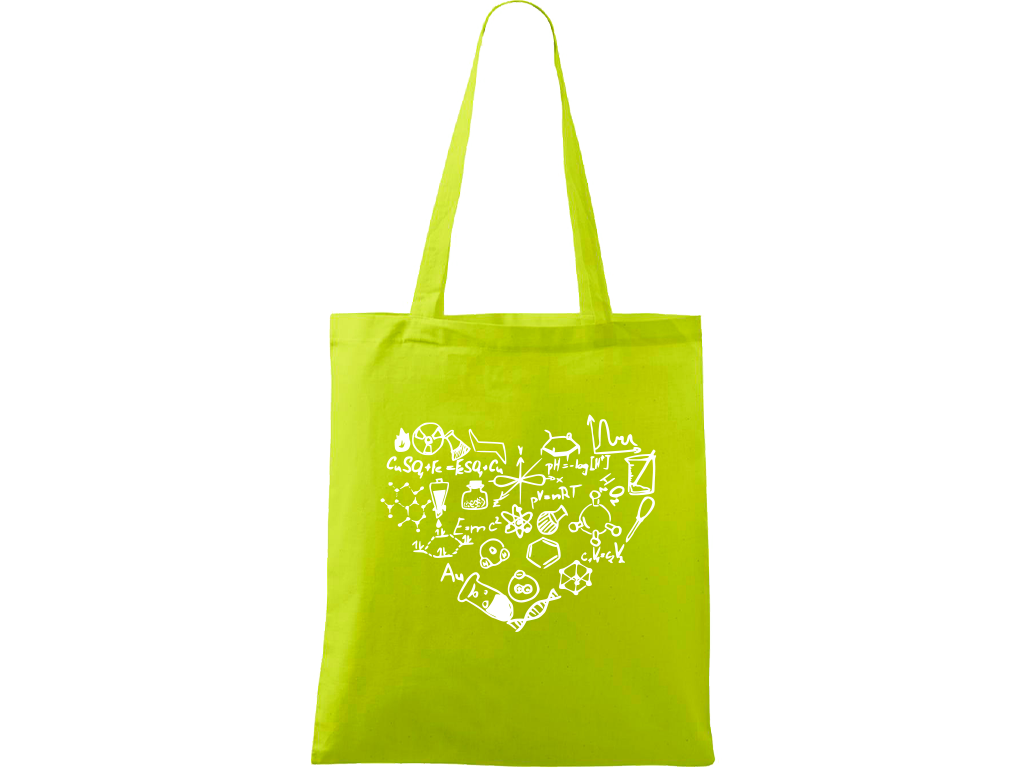 Ručně malovaná plátěná taška Handy - Chemikovo srdce Barva tašky: LIMETKOVÁ, Barva motivu: BÍLÁ