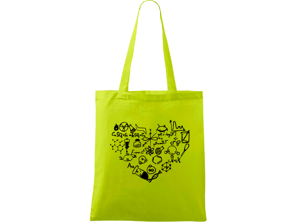 Ručně malovaná plátěná taška Handy - Chemikovo srdce Barva tašky: LIMETKOVÁ, Barva motivu: ČERNÁ