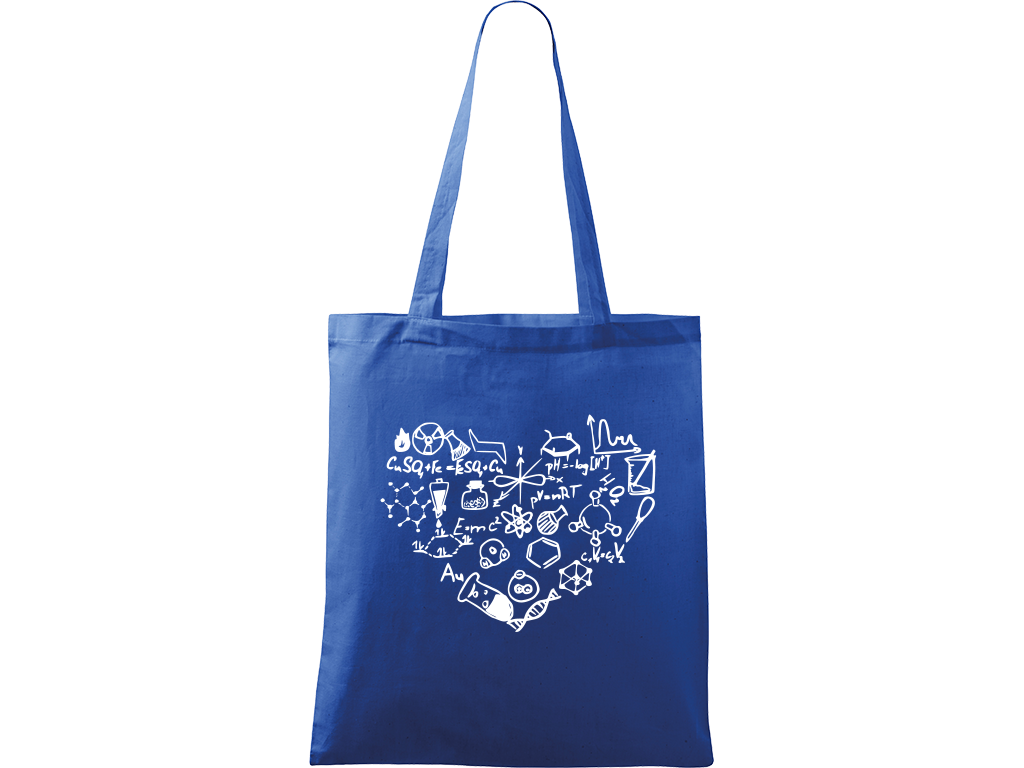 Ručně malovaná plátěná taška Handy - Chemikovo srdce Barva tašky: MODRÁ, Barva motivu: BÍLÁ